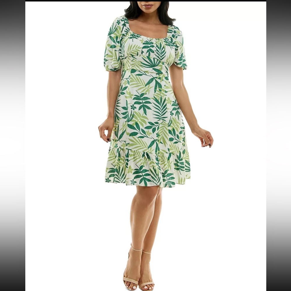 Dylan Ryan Leaf Print Puff Sleeve Dress